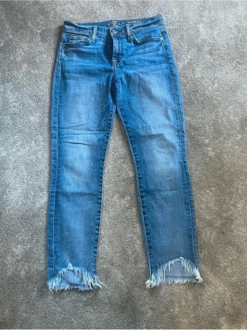 7 For All Mankind Medium Blue Frayed Hem Cropped Jeans